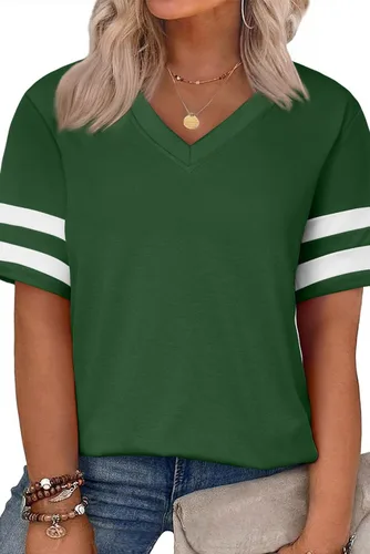Vista 89 de Eytino Blusas de talla grande para mujer, cuello en V, manga corta, a rayas, casual, holgada, con bolsillo (1X-5X)