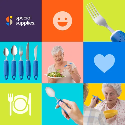 Vista 7 de Special Supplies Utensilios adaptativos (juego de cocina de 5 piezas) anchos, sin peso, asas antideslizantes para temblores de manos, artritis