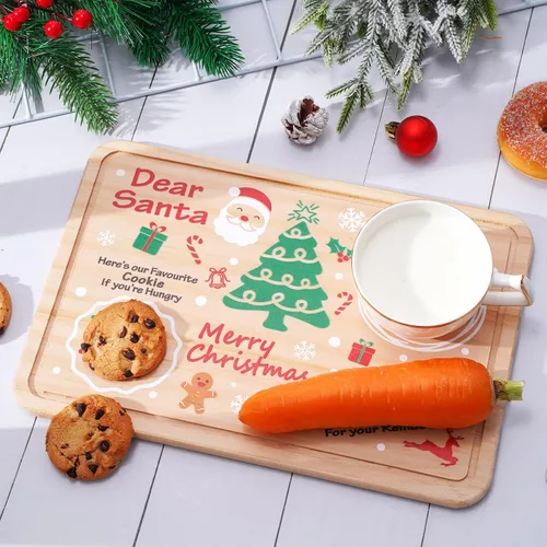 Vista 4 de AnyDesign Plato de madera de Papá Noel – Bandeja rectangular para leche y galletas de Nochebuena para suministros de decoración de Navidad