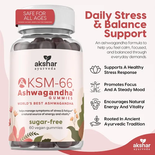 Vista 2 de AKSHAR Ayurveda Ashwagandha KSM-66 - Gomitas (1 paquete), suplementos orgánicos de Ashwagandha para concentrarse, aumentar la energía y la fuerza