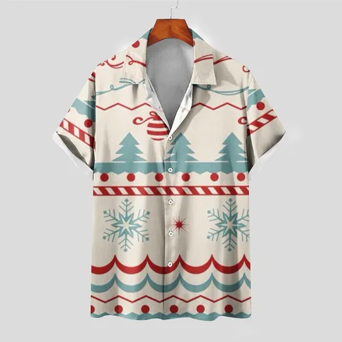 Vista 2 de Camisetas navideñas Y2K Divertidas Camisetas Manga Corta para Hombres Estampado feo, Blusa con botones, Camiseta Tela