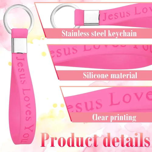 Vista 3 de Sasylvia 100 llaveros de silicona con texto en inglés "Jesus Loves You", coloridos llaveros cristianos de la Biblia, llavero religioso inspirador