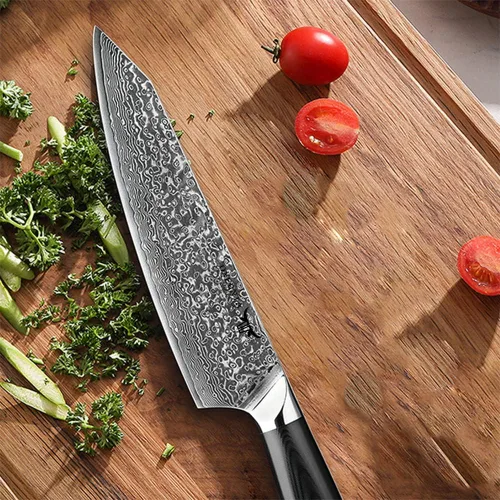 Vista 6 de ONEONTA Cuchillo de chef japonés de 8 pulgadas, cuchillo de cocina de Damasco profesional, acero japonés AUS-10V, mango G10, 67 capas
