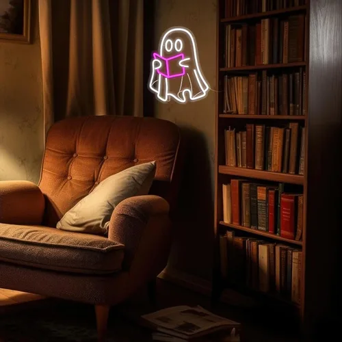 Vista 7 de Lámpara de libro de lectura fantasma, letrero de neón de fantasma de lectura, letrero de neón LED para sala de lectura, libro de lectura colgante