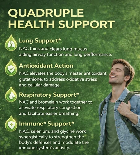 Vista 2 de Suplemento NAC para respiratorio e inmunidad* y pulmón* NAC para antioxidantes N-acetilcisteína 4 en 1 1200 mg con glicina para aumentar*
