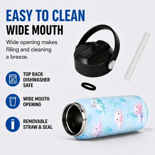 Vista 7 de Botella de agua de 16 onzas para niños, linda botella de acero inoxidable aislada con tapa abatible con popote abatible a prueba de fugas, taza