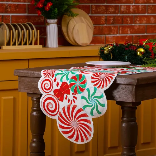 Vista 3 de Kingdder Camino de mesa de Navidad con bastón de caramelo, menta, rojo, blanco, verde, piruleta, moño, mantel de mesa, decoración de fiesta
