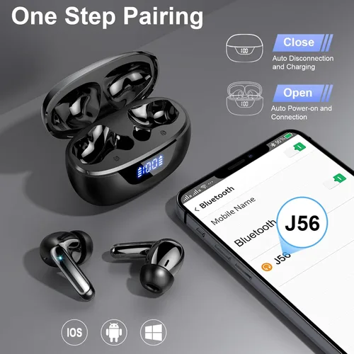 Vista 2 de Auriculares inalámbricos Bluetooth 5.3, auriculares estéreo de 48 horas con 4 micrófonos ENC llamadas claras, auriculares con cancelación de ruido