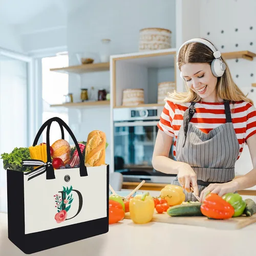 Vista 4 de Bolsa de lona con inicial, regalos de cumpleaños personalizados para mujeres, madres, amigas y profesoras, bolsas de mano con monograma adecuadas