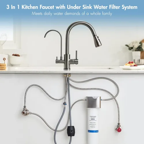 Vista 7 de GIMILI Grifo de cocina 3 en 1 de acero inoxidable negro con sistema de filtro de agua debajo del fregadero, reduce el plomo, cloro, mal sabor