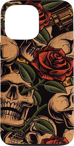 Vista 24 de Funda con diseño de tatuajes de flash tradicional para iPhone 17 con diseño retro rojo de rosas de calavera