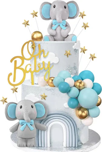 Vista 8 de 49 piezas de decoración de pastel de elefante, bolas de perlas, púas de pastel, mini botella de leche, decoración de pastel de estrella