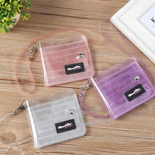 Vista 6 de Cartera transparente para mujer, cartera plegable con cordón, bonita funda para identificación, Morado, S, Cartera de viaje
