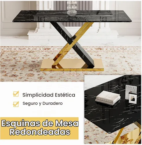 Vista 4 de Juego de Mesa de Comedor de Mármol para 4, Mesa Rectangular Negra de 63 Pulgadas con Marco de Metal Dorado en Forma de X y 4 Sillas de Comedor