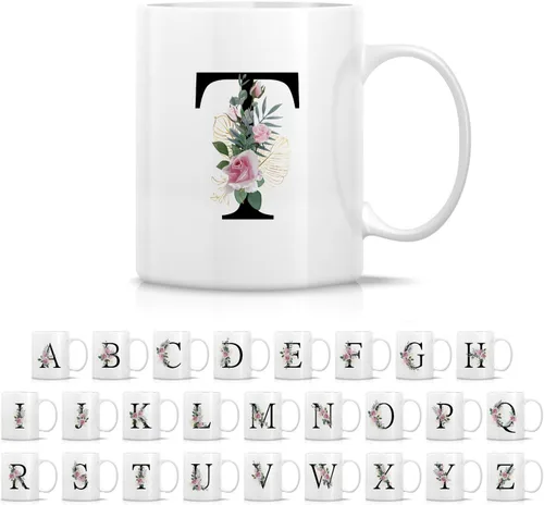 Vista 16 de Retreez Ramo botánico floral inicial A-Z con monograma, taza con monograma de cerámica de 11 onzas, regalo de agradecimiento de agradecimiento