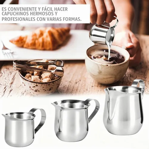 Vista 3 de Rolin Roly Jarra de espuma de leche de 4.5 onzas de acero inoxidable, pequeña jarra de café en forma de campana para barista, capuchino, tazas