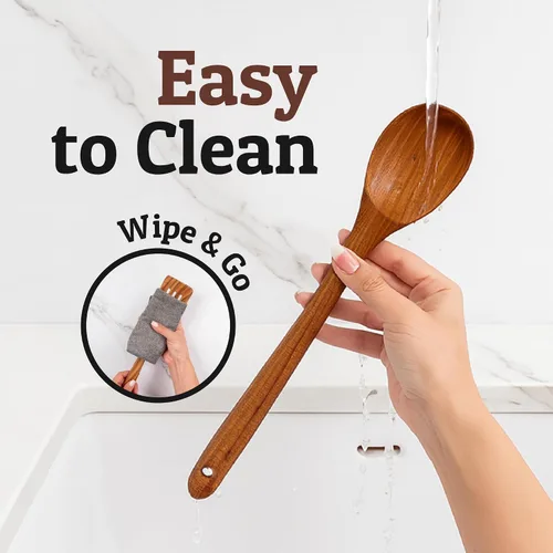 Vista 8 de PriorityChef - Cuchara larga de madera para cocinar, cuchara de cocina grande de teca duradera para servir, revolver y uso diario, segura