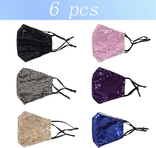 Vista 2 de 6 máscaras faciales lavables con purpurina para mujer. Transpirables, reutilizables, ajustables, a la moda, con bolsillo.