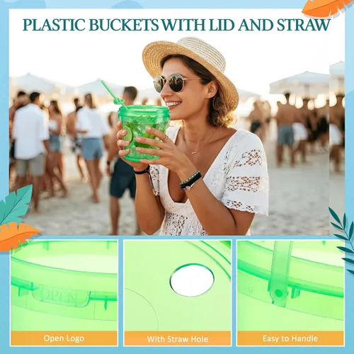 Vista 3 de Funnymoom Paquete de 36 cubos de plástico para ron para bebidas con pajita, cubeta de cóctel para helado, con tapas y asas, recipientes de alimentos
