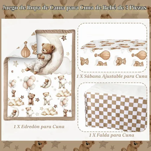 Vista 3 de Hosuly Juego de ropa de cama para cuna de oso de 3 piezas, marrón, oso