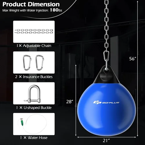 Vista 4 de Goplus Bolsa de Agua Aqua, Bolsa de Boxeo Pesada de 180 Libras de 21 Pulgadas / 110 Libras de 18 Pulgadas con Cadena Metálica Ajustable, Manguera