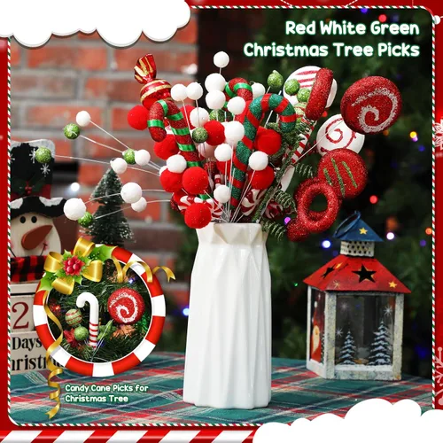 Vista 2 de Lyrow 10 Piezas Púas de Árbol de Dulces de Navidad de 14 pulgadas - Rojo, Verde, Blanco - Estilo Clásico - Navidad, Otoño, Invierno, Todo el Año