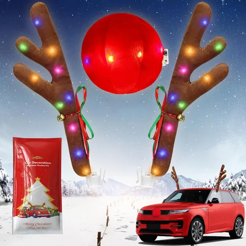 Vista 7 de Encantador adorno navideño para coche de Angooni, kit festivo de reno para coche, cuernos de reno y nariz, luces navideñas, bonito regalo