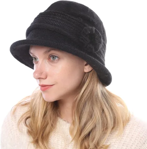 Vista 113 de C-US - Gorro de punto cálido para mujer, con visera de ganchillo con acento de flores