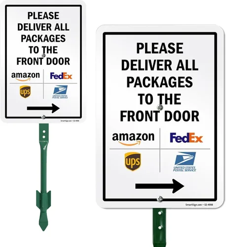 Vista 12 de SmartSign 10 x 14 pulgadas “Por favor entregue todos los paquetes en la puerta delantera” señal de metal con logotipos, aluminio laminado resistente