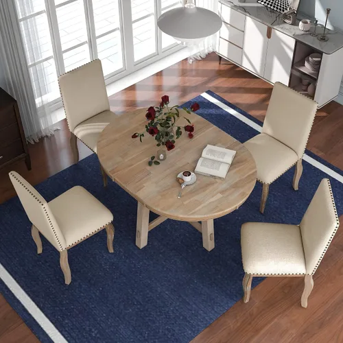 Vista 13 de Harper & Bright Designs Juego de comedor redondo extensible de madera de 42 a 58 pulgadas para 4-6, juego de mesa de cocina de 5 piezas con 4 sillas