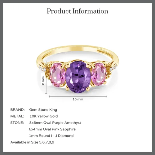 Vista 4 de Gem Stone King Anillo de oro amarillo de 10 quilates con amatista púrpura y zafiro rosa para mujer