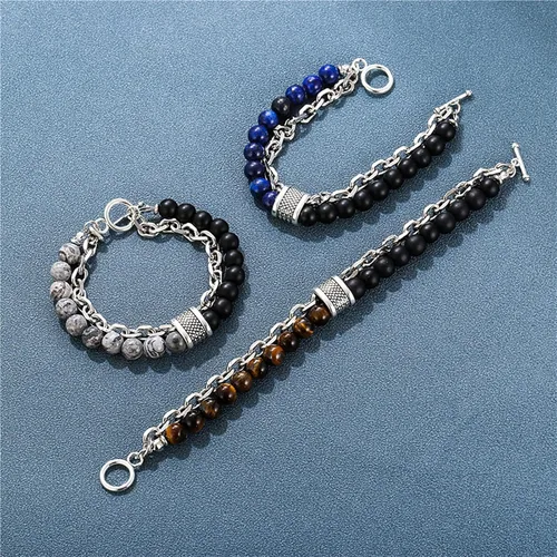 Vista 3 de Pulsera de obsidiana para hombre, pulsera de cuentas negras, pulseras de cadena plateada, pulseras punk, regalo de joyería