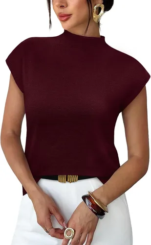 Vista 19 de Sampeel Suéter de manga corta para mujer, cuello alto, para verano, elegante, informal, básico, de punto