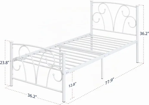 Vista 2 de Elephance - Base de cama individual con cabecera y estribo de metal, color blanco