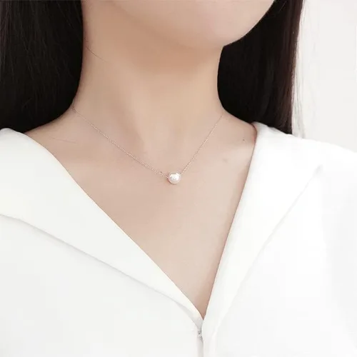 Vista 5 de Gargantilla flotante de plata de ley 925 con perlas de concha de 0.315in, collar de dama de honor para mujer, color blanco (CYX0009), Perla, Perla