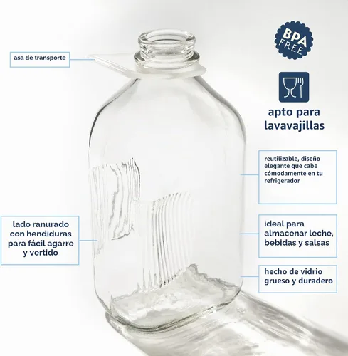 Vista 2 de kitchentoolz Botellas de leche de vidrio de 64 onzas con boquillas de vertido y tapas a prueba de manipulaciones, recipientes de medio galón