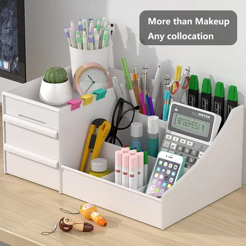 Vista 5 de Organizador de escritorio de maquillaje con cajones, organizador de cuidado de la piel para cosméticos, soporte de tocador para lápiz labial