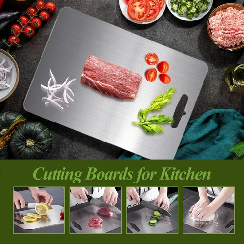 Vista 2 de Tabla de cortar de titanio, tablas de cortar de titanio 100% puro para cocina, doble cara de grado alimenticio, tabla de cortar apta