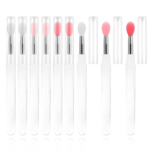 Vista 8 de Cepillo de labios de silicona, 4 varillas de brillo de labios rosa con tapa, cerdas de silicona suaves, 6 pulgadas de longitud, para brillo