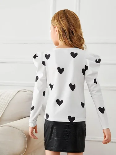 Vista 2 de WDIRARA Camiseta de manga larga abombada con cuello redondo y estampado de corazón para niña