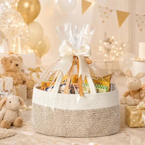 Vista 4 de Diaper Caddy Organizer, Empty Gift Basket with Gift Wrap for Newborn Essentials, Baby Storage Basket, Stylish Gift Bag for Baby Shower, Boys and