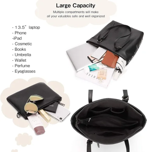 Vista 4 de KL928 Bolso de mano para mujer, bolso de mano de piel sintética, bolso de hombro grande, asa superior, monederos, juego de 2 piezas