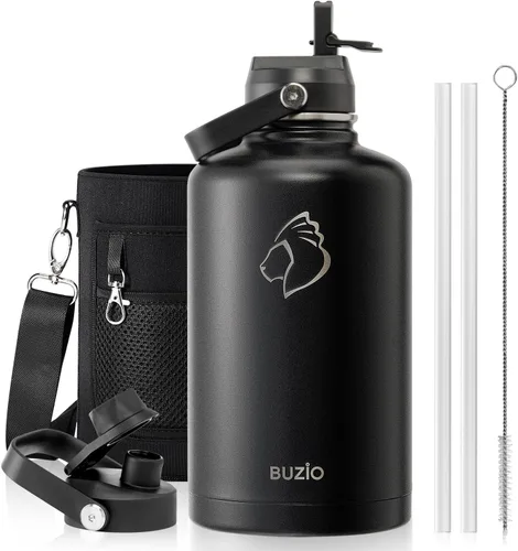 Vista 123 de BUZIO Botella de agua aislada de 24 oz, frasco de agua de boca ancha de acero inoxidable con tapa de pajita, frío durante 48 horas a prueba de Negro