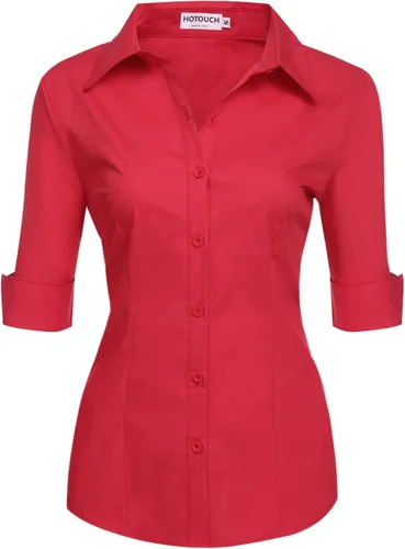 Vista 10 de HOTOUCH Camisa de manga 3/4 con botones para mujer, blusas de trabajo ajustadas, camisas de vestir de algodón, camisas de oficina