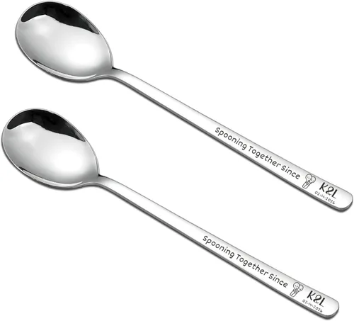 Vista 9 de Juego de cuchara y tenedor de acero inoxidable con nombre personalizado para parejas, utensilios de metal grabados personalizados para helado, café