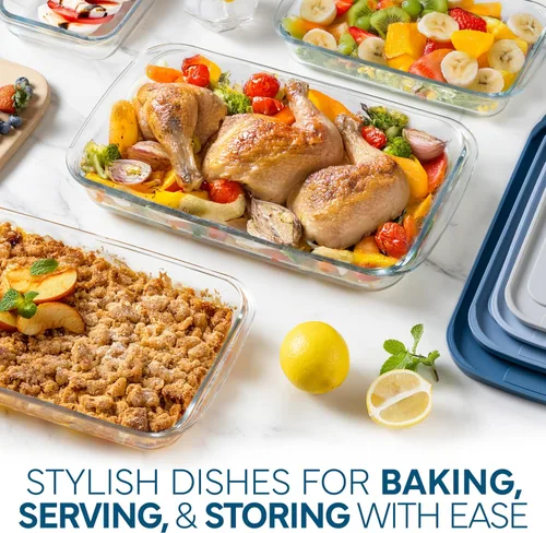 Vista 2 de COOK WITH COLOR - Juego de 8 piezas de refractarios profundos de vidrio con tapas de plástico, para hornear y almacenar alimentos, aptos para Azul
