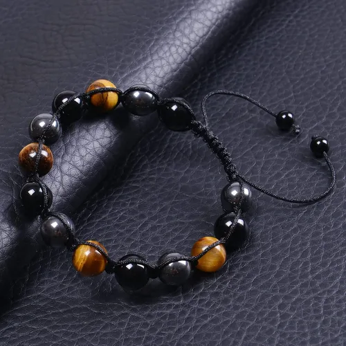 Vista 6 de DHQH Triple Protection Bracelet 8/10MM Hematite Black Agate Tigers Eye Stone Bracelet Crystal Jewelry Healing Bead Bracelets for Men Bring Luck