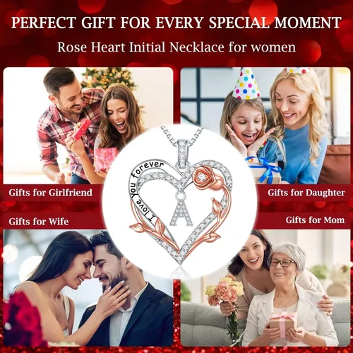 Vista 7 de Iefil Regalos para el día de la madre, collar de plata de ley 925 con inicial de corazón rosa para mujer, collar con dije de letra de corazón