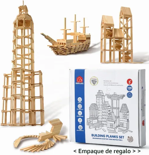 Vista 7 de Juego de 100 piezas de bloques de construcción clásicos de madera, juguetes de construcción STEM sólidos para niños, juguetes Montessori
