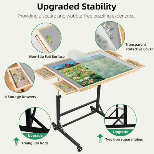 Vista 3 de ALL4JIG Mesa de rompecabezas de 1500 piezas con patas y ruedas, mesa de rompecabezas de madera con 4 cajones y cubierta, estabilidad mejorada